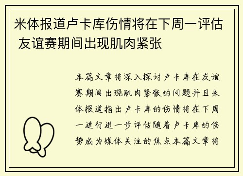 米体报道卢卡库伤情将在下周一评估 友谊赛期间出现肌肉紧张
