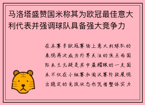 马洛塔盛赞国米称其为欧冠最佳意大利代表并强调球队具备强大竞争力